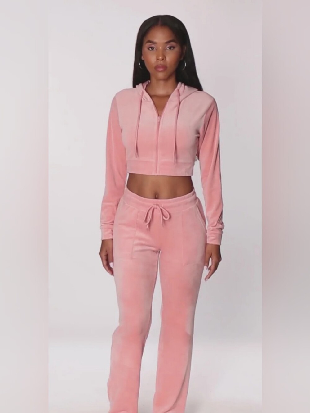 Cropped Velour Hoodie & Drawstring Joggers - Blush Pink
